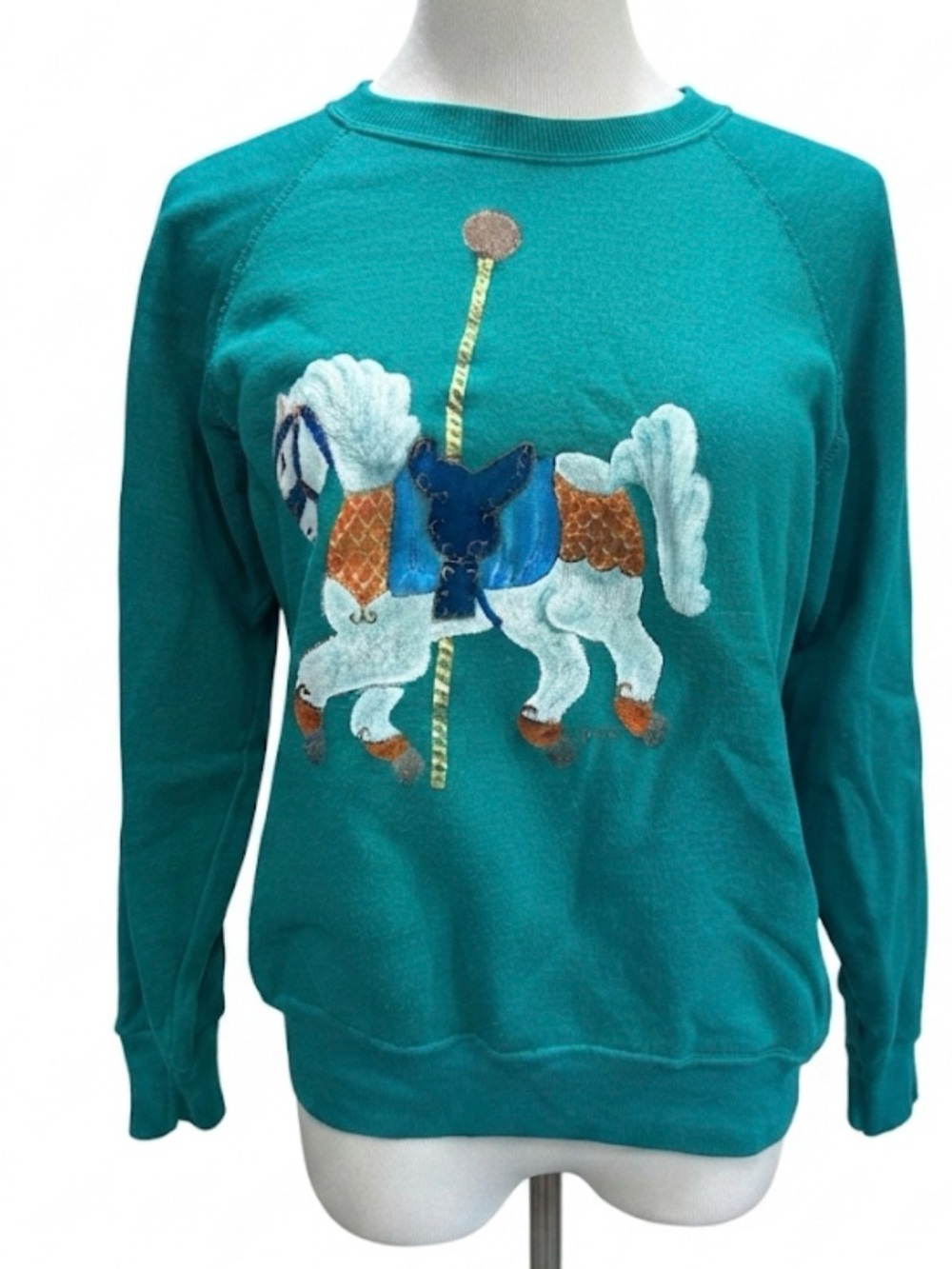 Vintage Bassett-Walker Carousel Horse Sweatshirt Teal Graphic Pullover Large USA